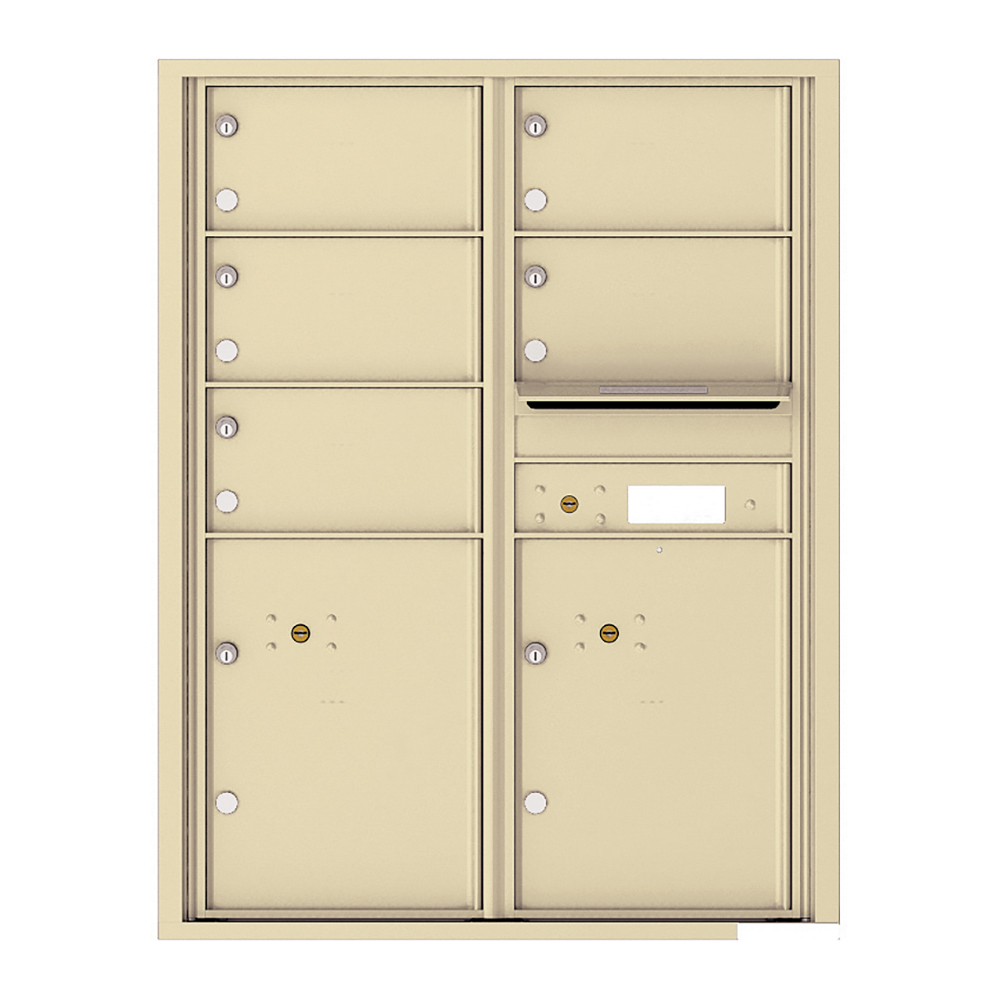 Beige wall-mounted mailbox unit with multiple compartments and locks.