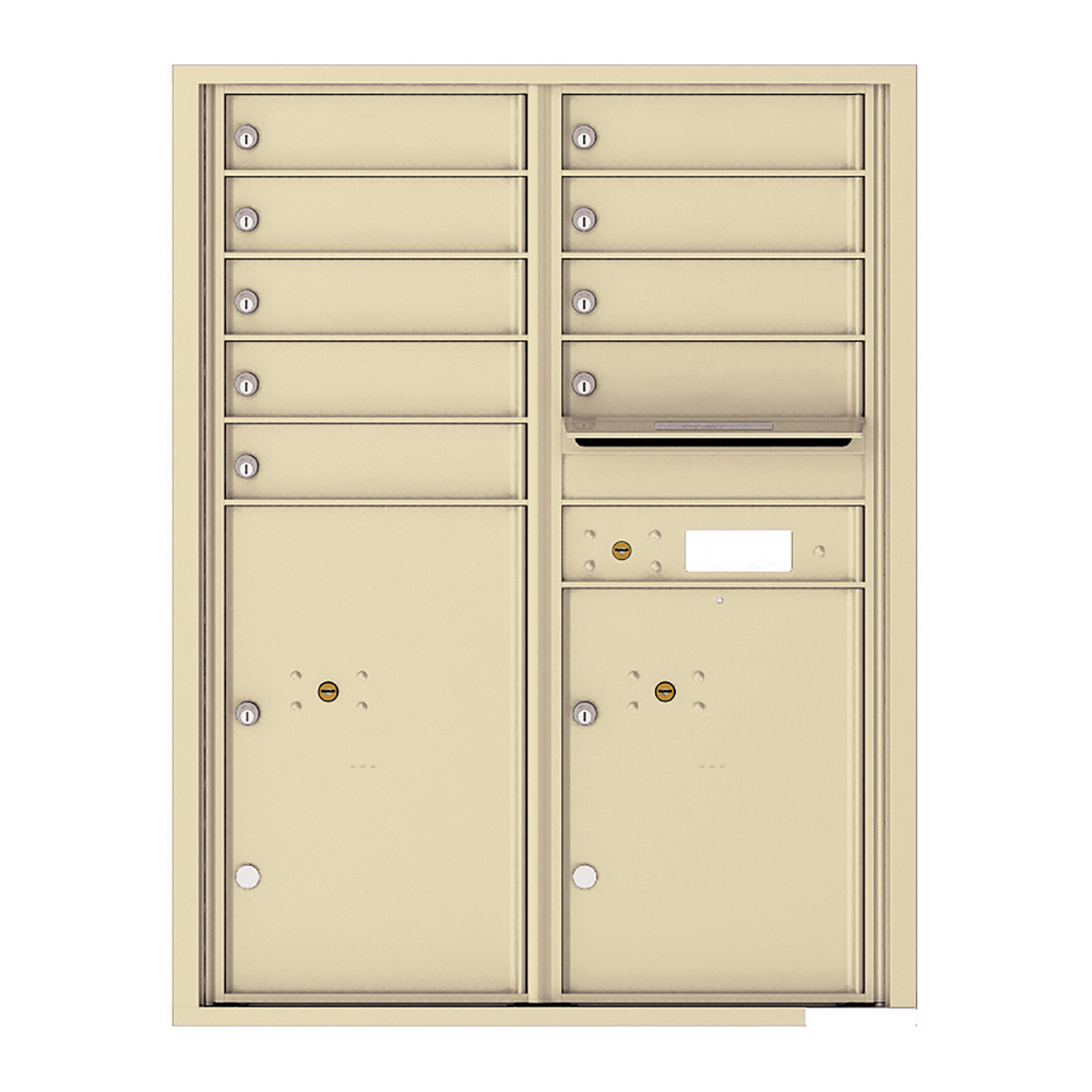 Beige multi-unit mailbox with multiple compartments and locks.