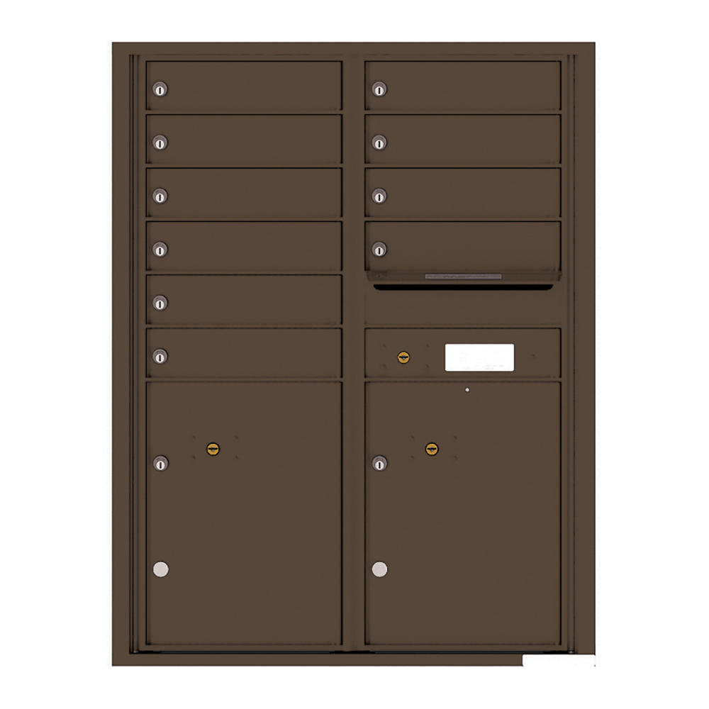 Brown multi-unit mailbox with multiple compartments and locks.