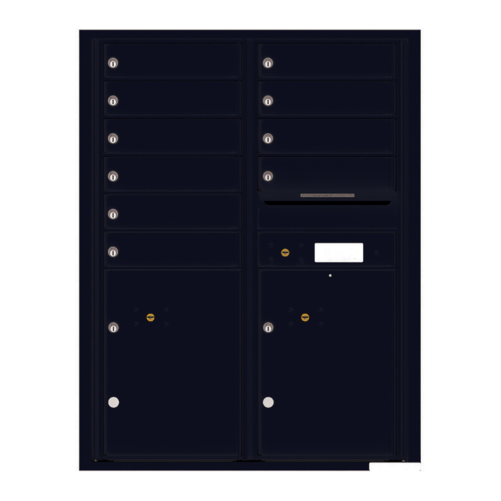 Black wall-mounted mailbox unit with multiple compartments and locks.