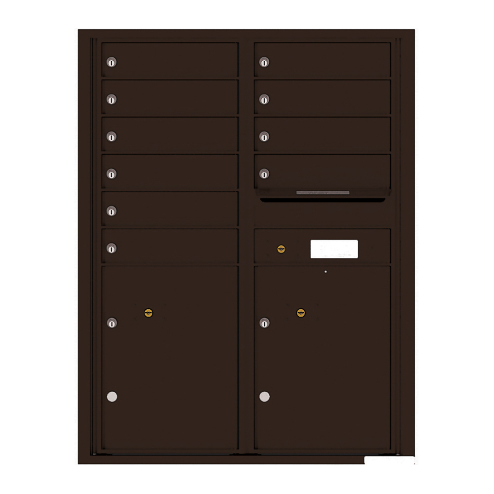 Dark brown multi-unit mailbox with multiple compartments and locks.