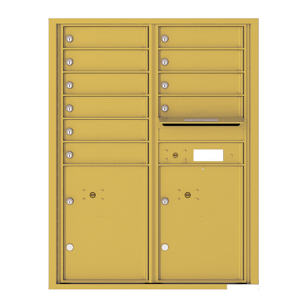 Yellow wall-mounted mailbox unit with multiple compartments and locks.