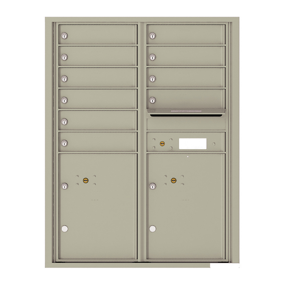 Wall-mounted beige mailbox unit with multiple compartments and locks.