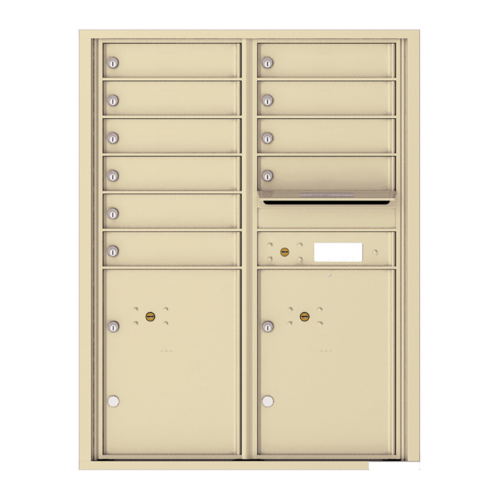 Beige wall-mounted multi-unit mailbox with individual locks and compartments.