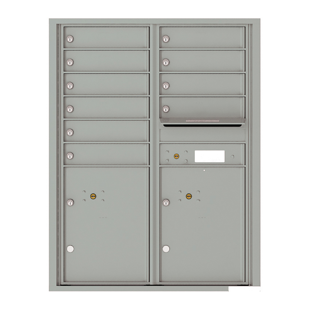 Gray wall-mounted mailbox unit with multiple locked compartments and a mail slot.