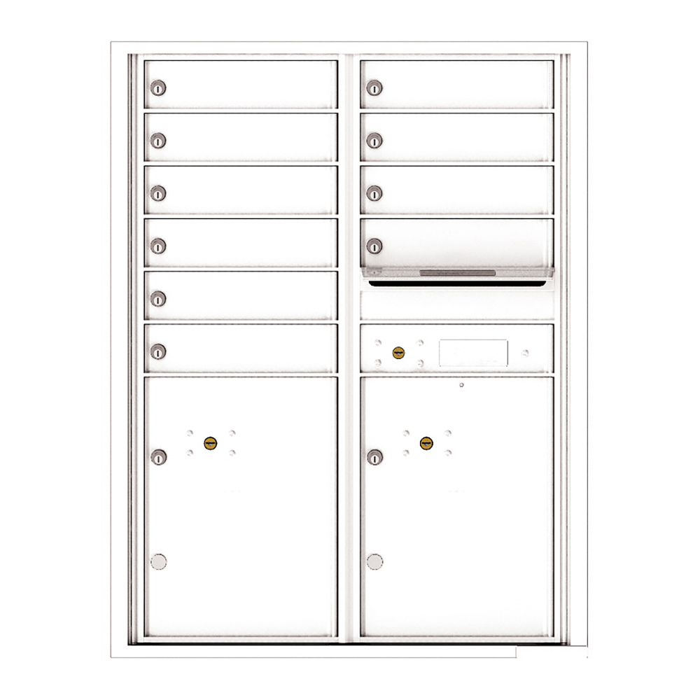 White wall-mounted multi-unit mailbox with individual locked compartments.