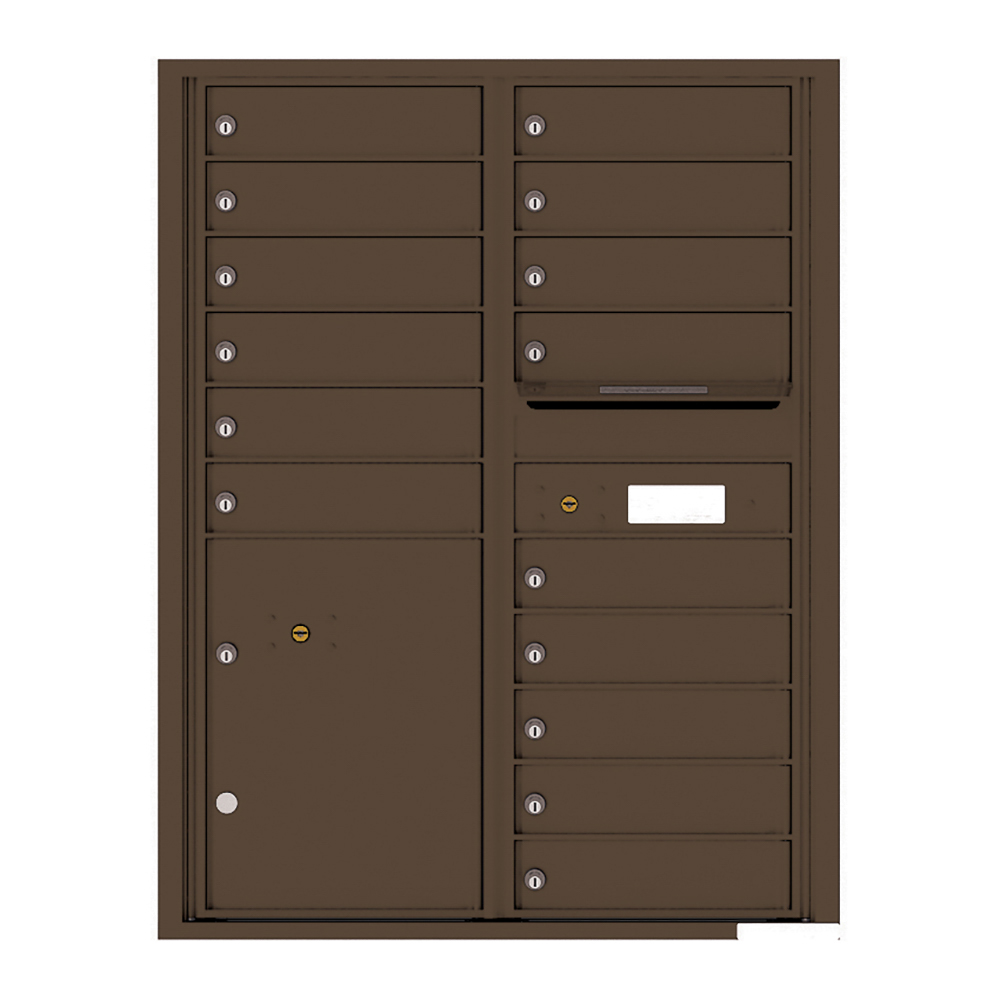 Brown multi-unit wall-mounted mailbox with multiple compartments and locks.