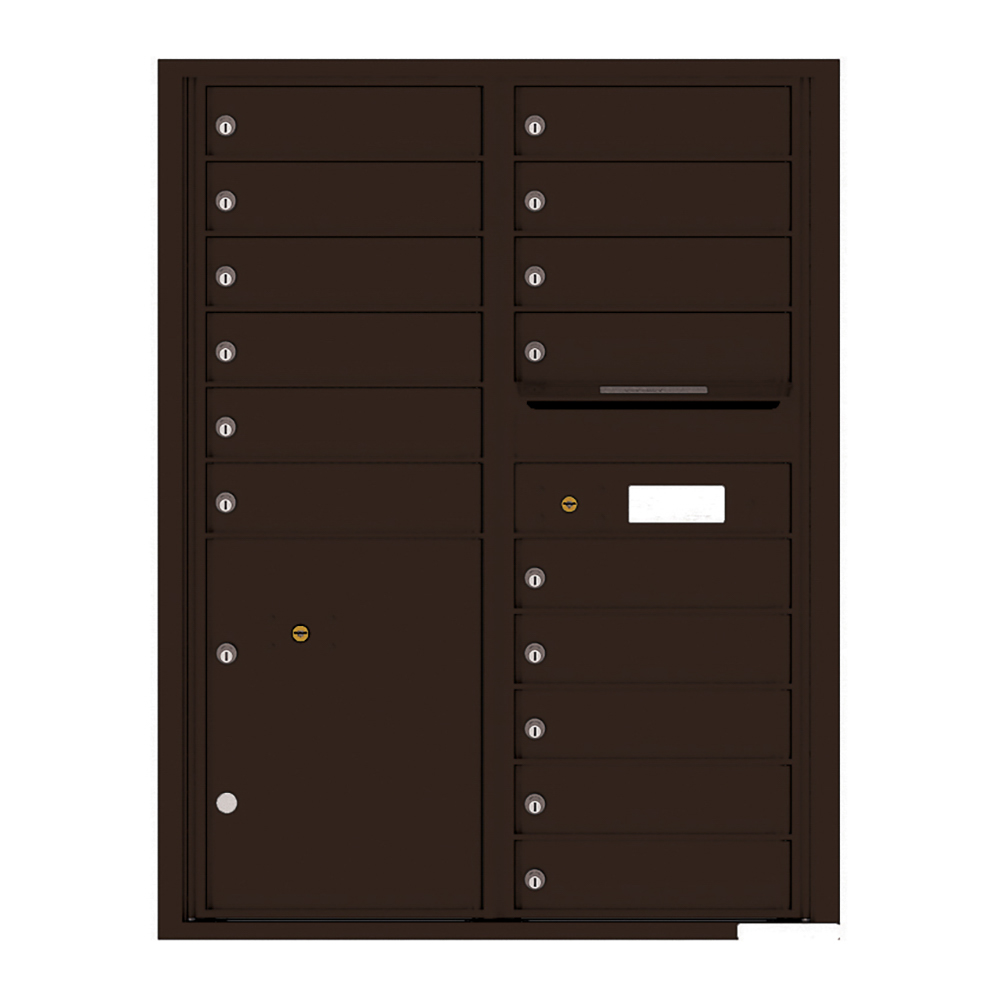 Dark brown multi-unit mailbox with multiple locked compartments and a mail slot.