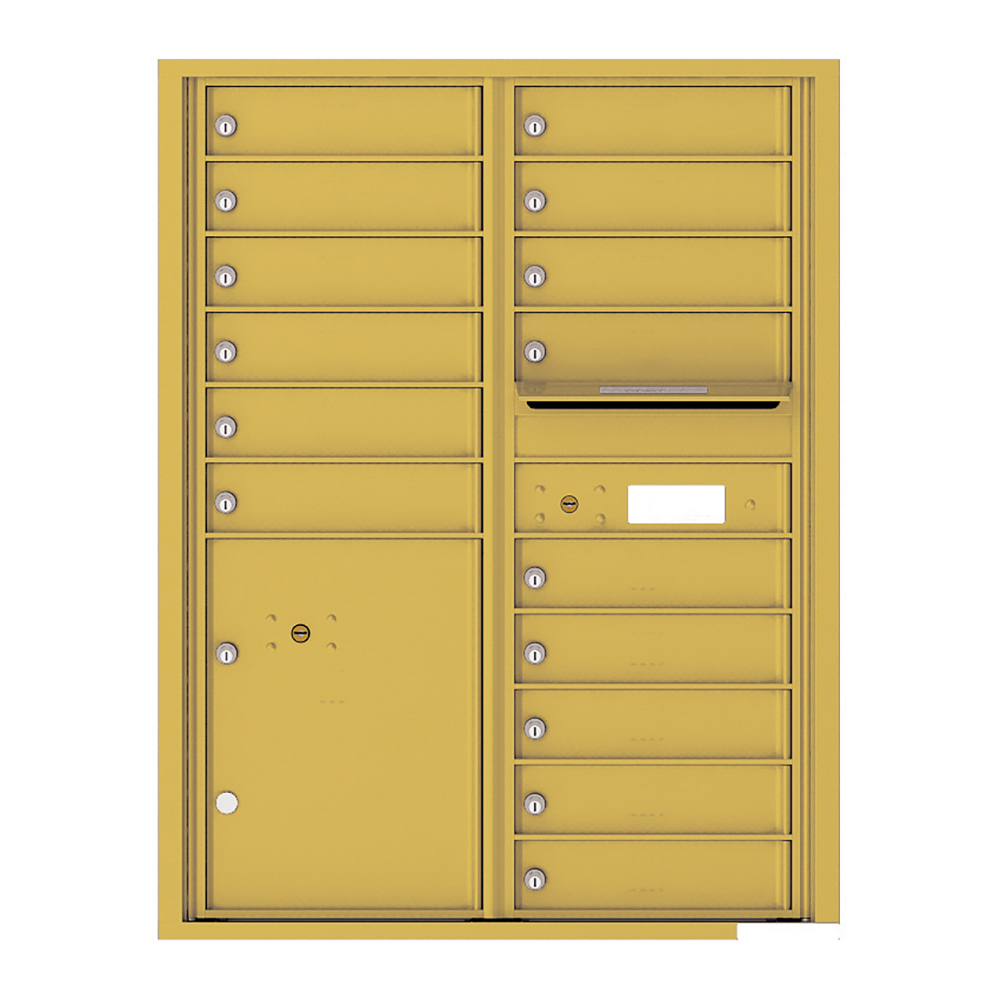 Yellow multi-unit mailbox with individual locked compartments and a parcel slot.