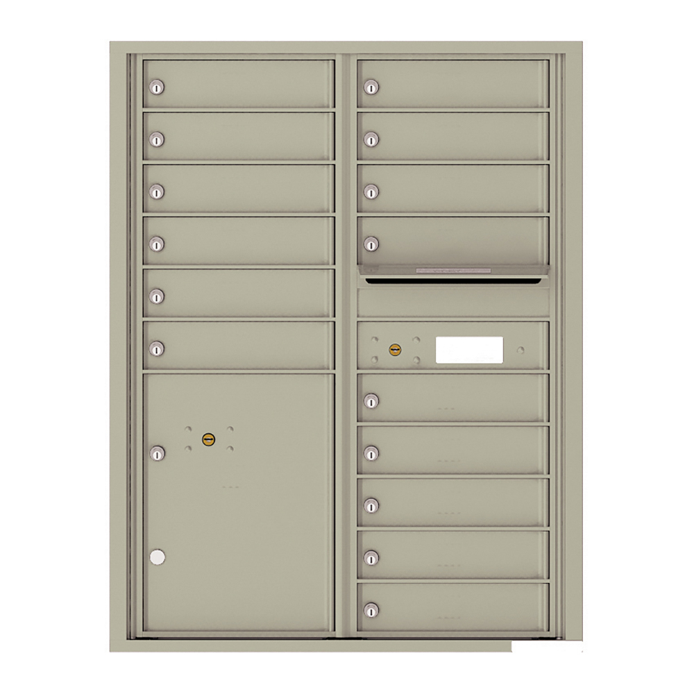 Beige multi-unit mailbox with individual locked compartments and a mail slot.