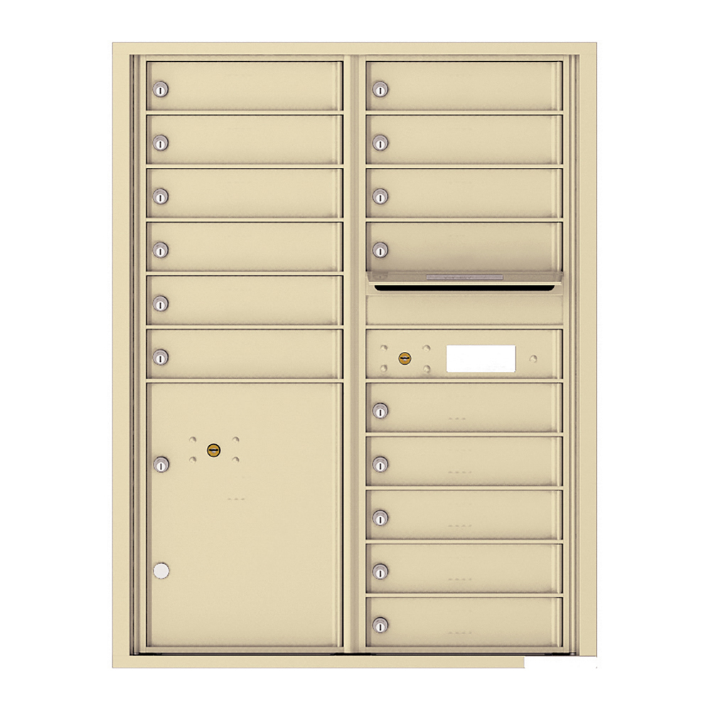 Beige wall-mounted multi-unit mailbox with individual locked compartments.