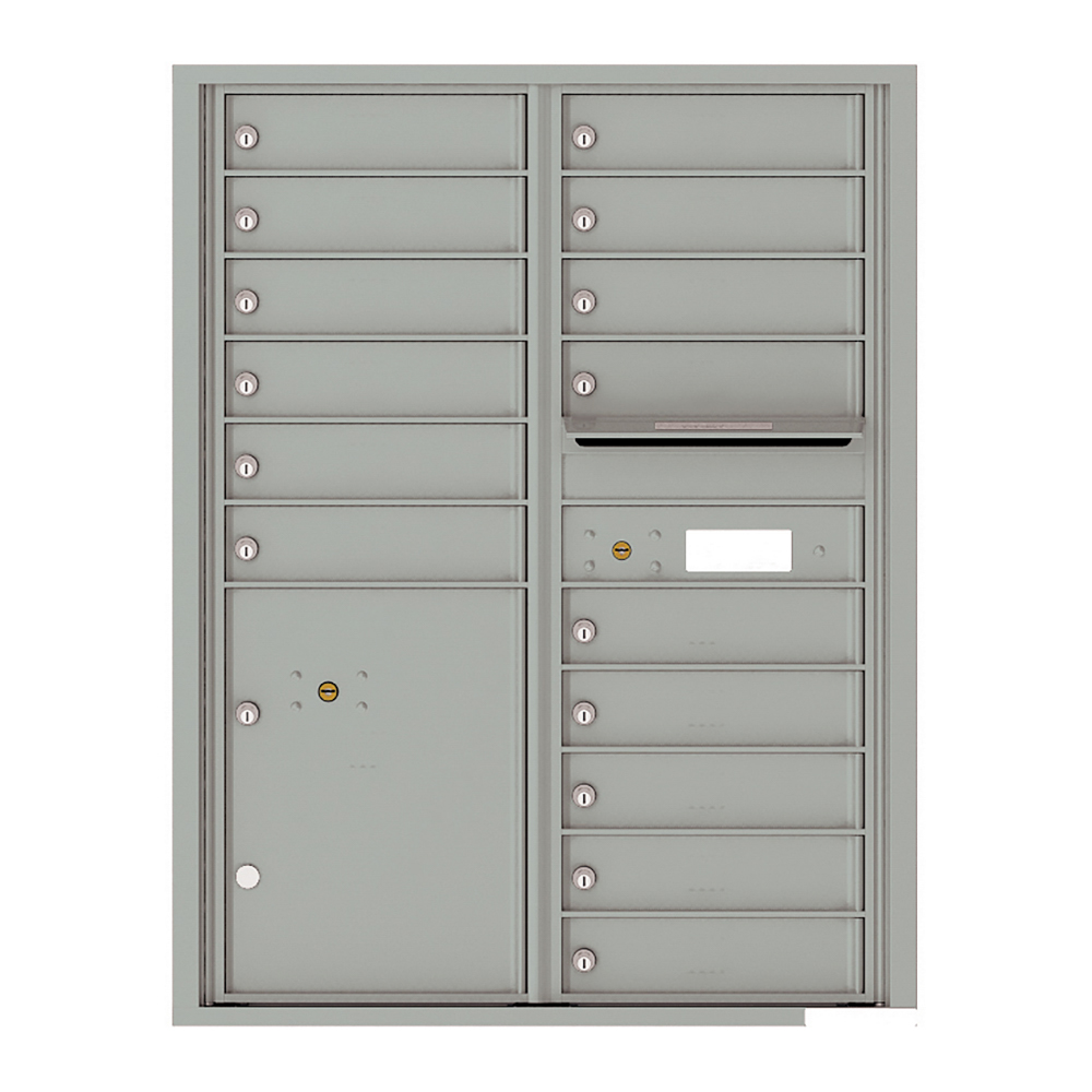 Gray metal wall-mounted mailbox unit with multiple locked compartments and a mail slot.