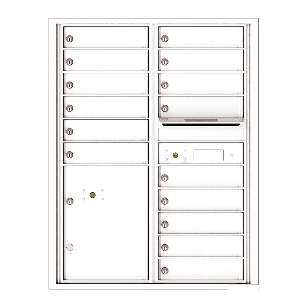 White multi-unit mailbox with individual lockable compartments and mail slot.