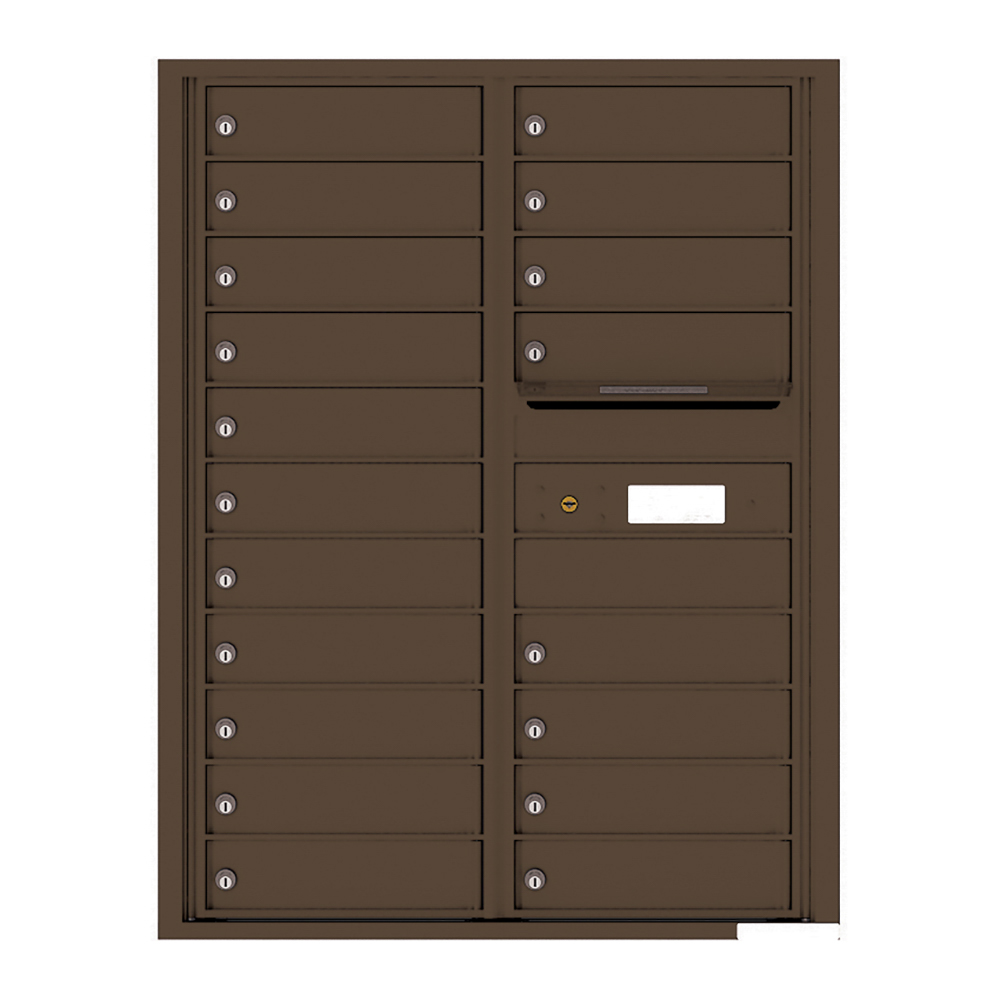 Brown wall-mounted multi-unit mailbox with individual lockable compartments.