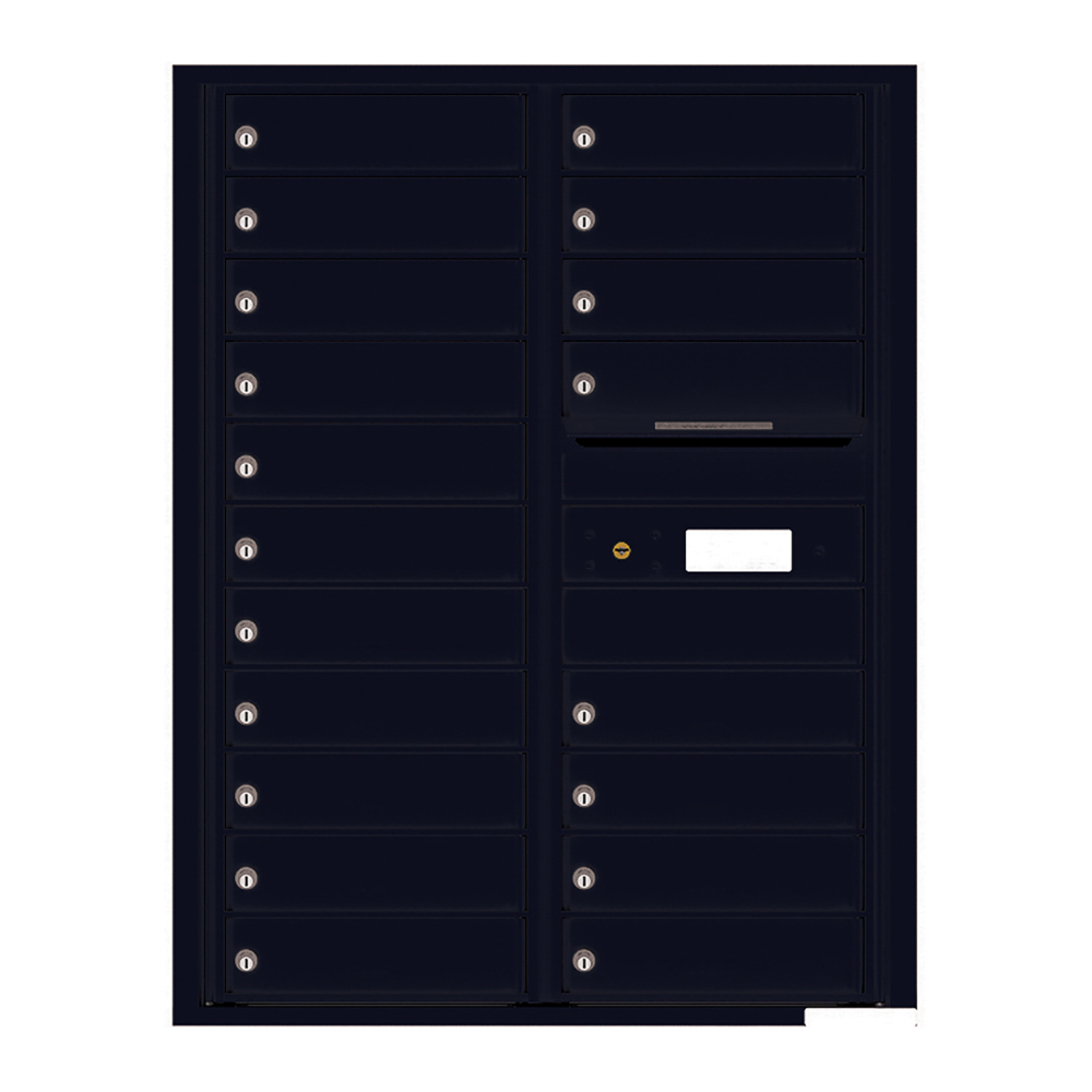 Black multi-unit mailbox with multiple locked compartments and a parcel slot.