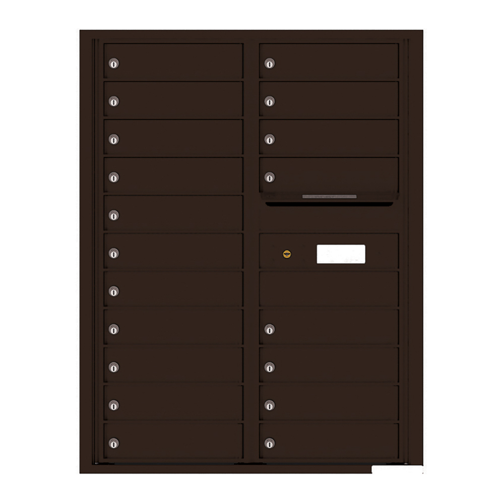 Dark brown multi-unit mailbox with multiple locked compartments and a mail slot.