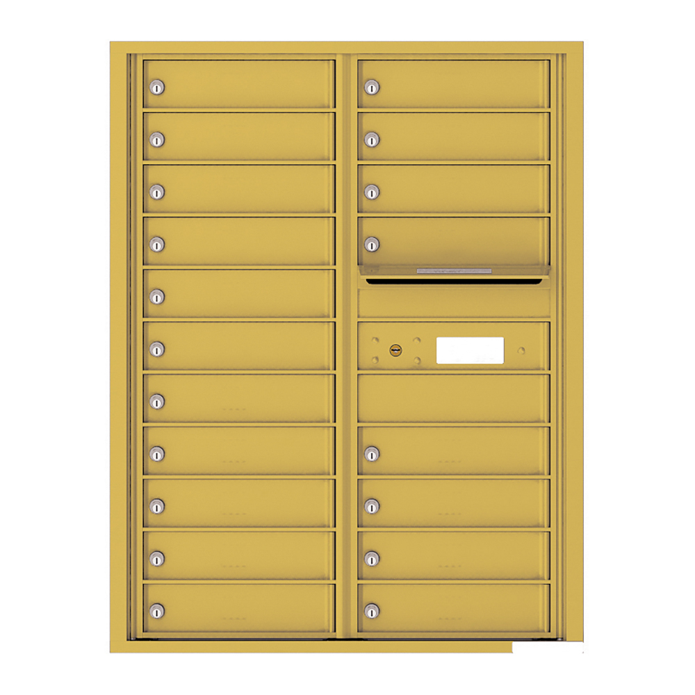 Yellow multi-unit mailbox with individual locked compartments and a mail slot.