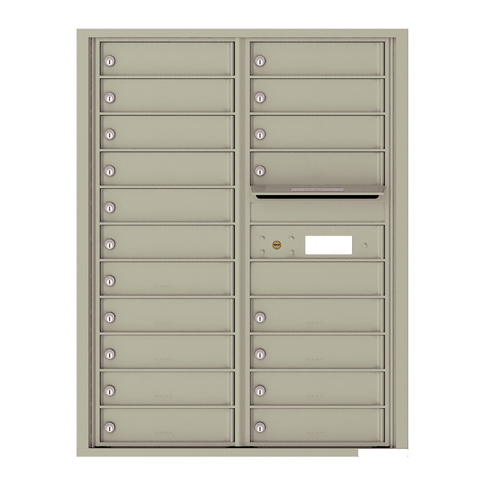 Wall-mounted beige mailbox unit with multiple locked compartments and one mail slot.