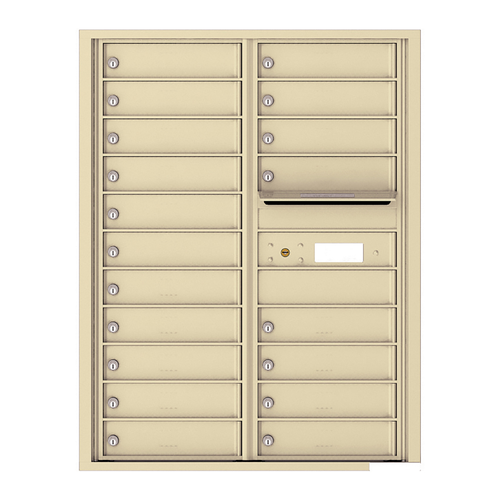 Beige wall-mounted mailbox unit with multiple locked compartments and a mail slot.