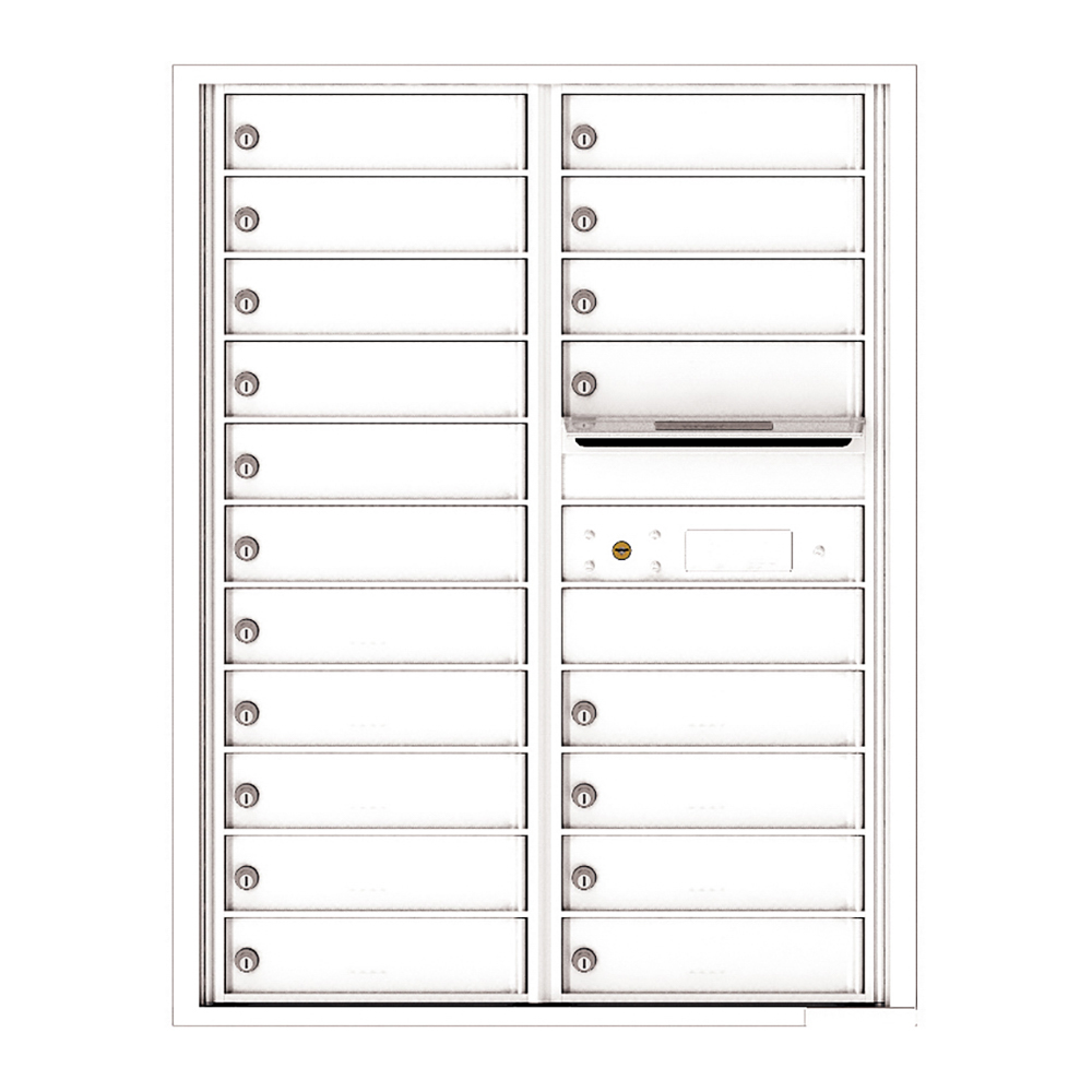 White wall-mounted mailbox unit with multiple locked compartments.