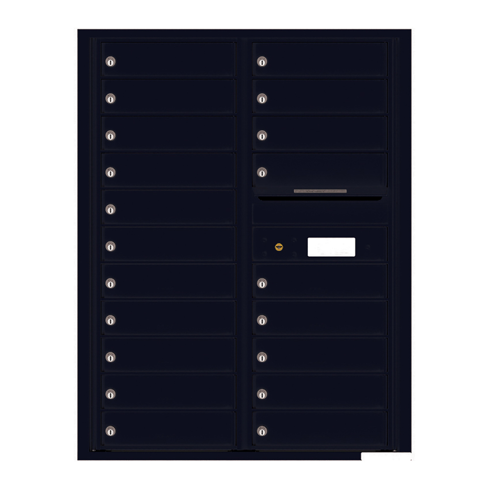 Black multi-unit mailbox with multiple locked compartments and a parcel slot.