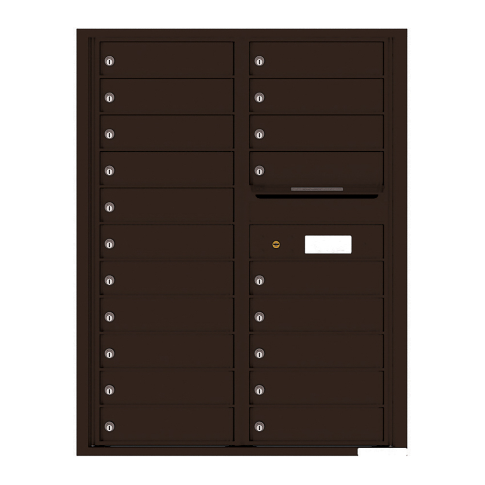 Dark brown multi-unit mailbox with multiple locked compartments and a mail slot.
