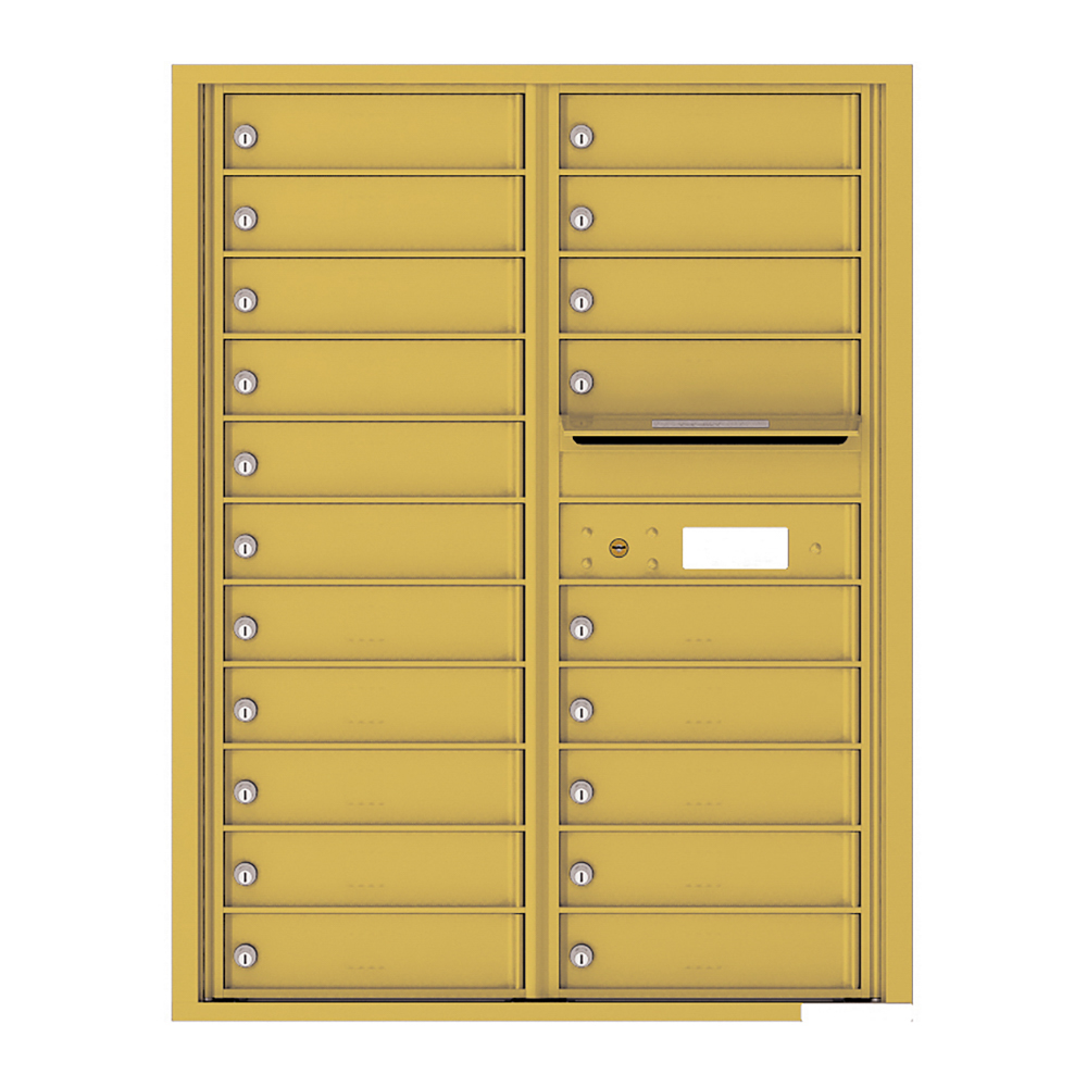 Yellow multi-unit mailbox with individual locked compartments and a mail slot.