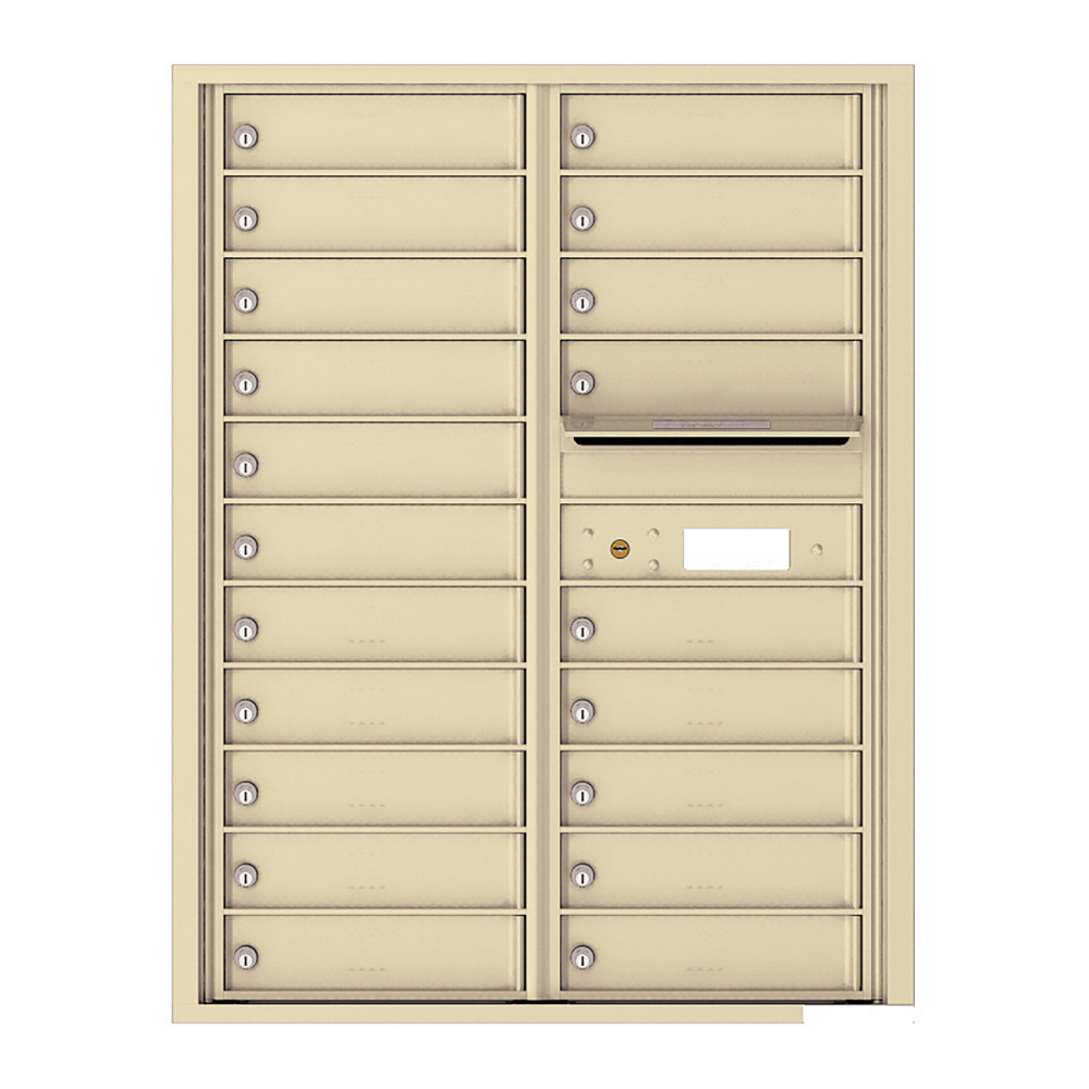 Beige wall-mounted multi-unit mailbox with individual locked compartments.