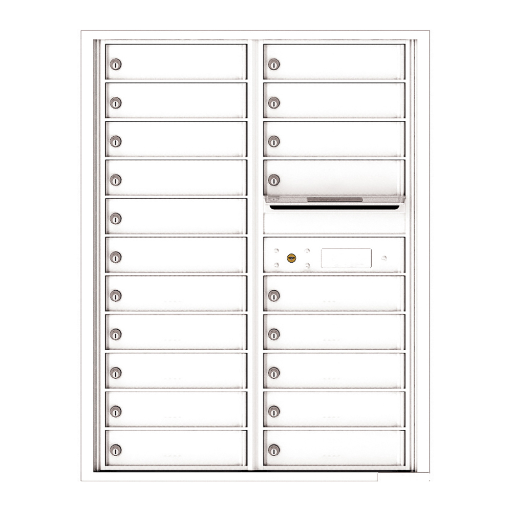 Wall-mounted white metal mailbox unit with multiple locked compartments.
