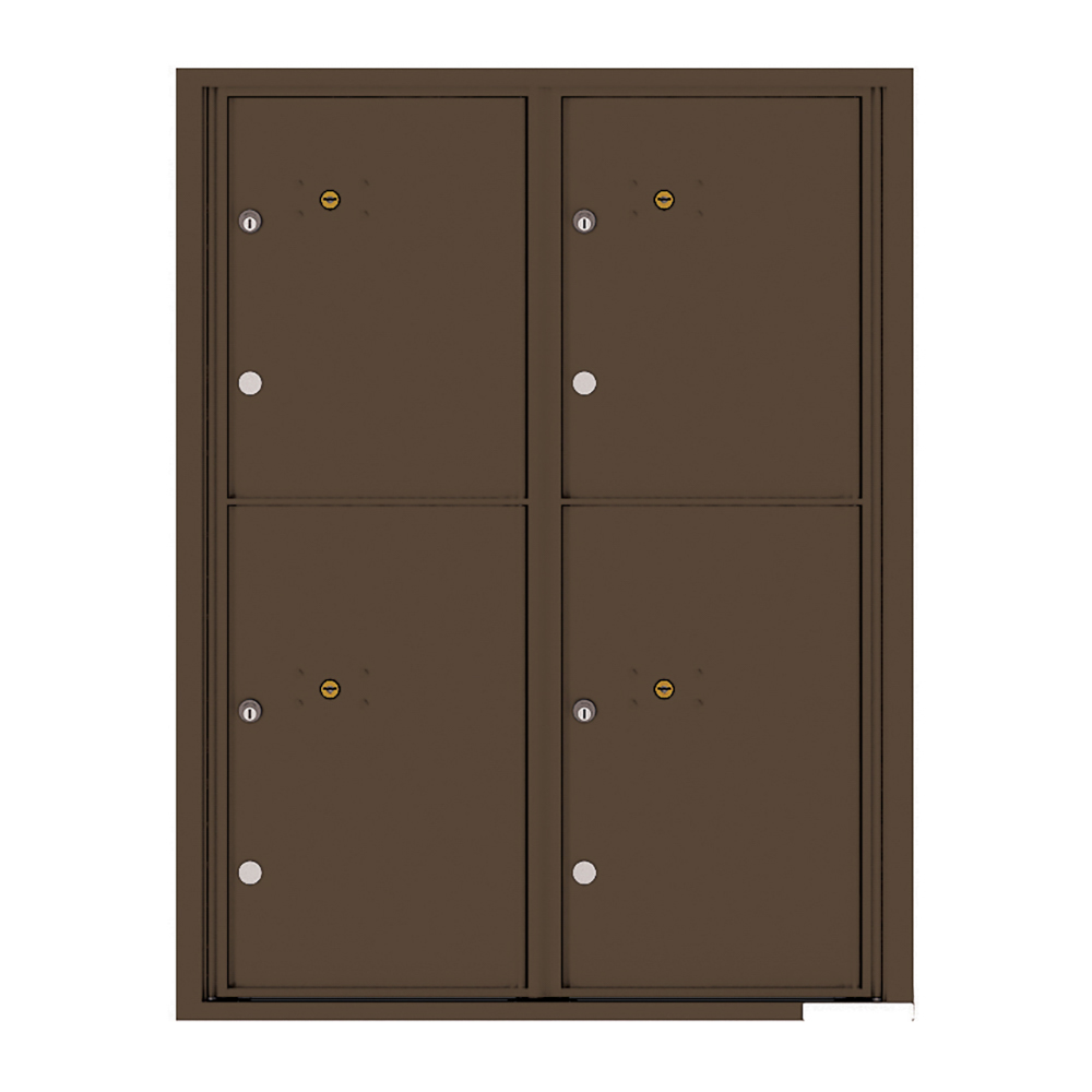 Brown four-door wall-mounted mailbox unit with keyholes and locks.