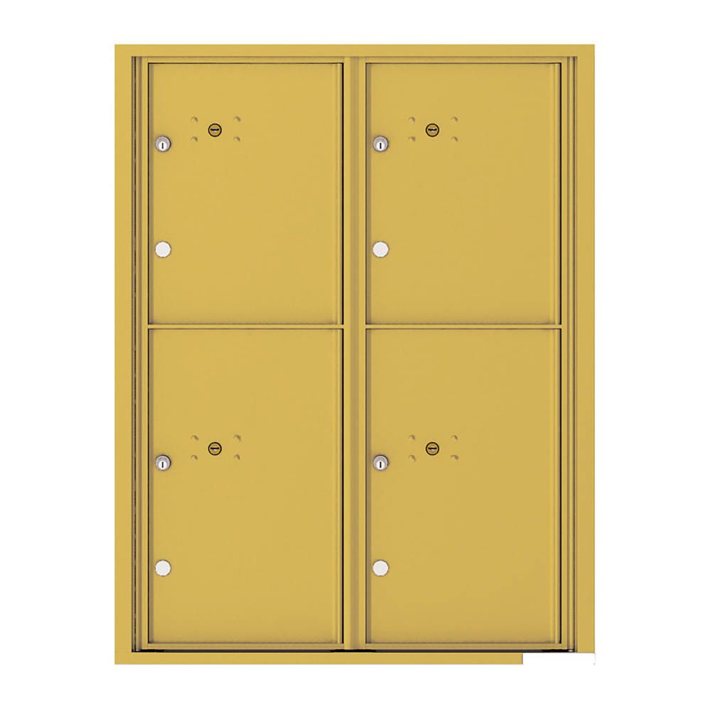 Four-door yellow metal mailbox unit with keyholes and circular openings.