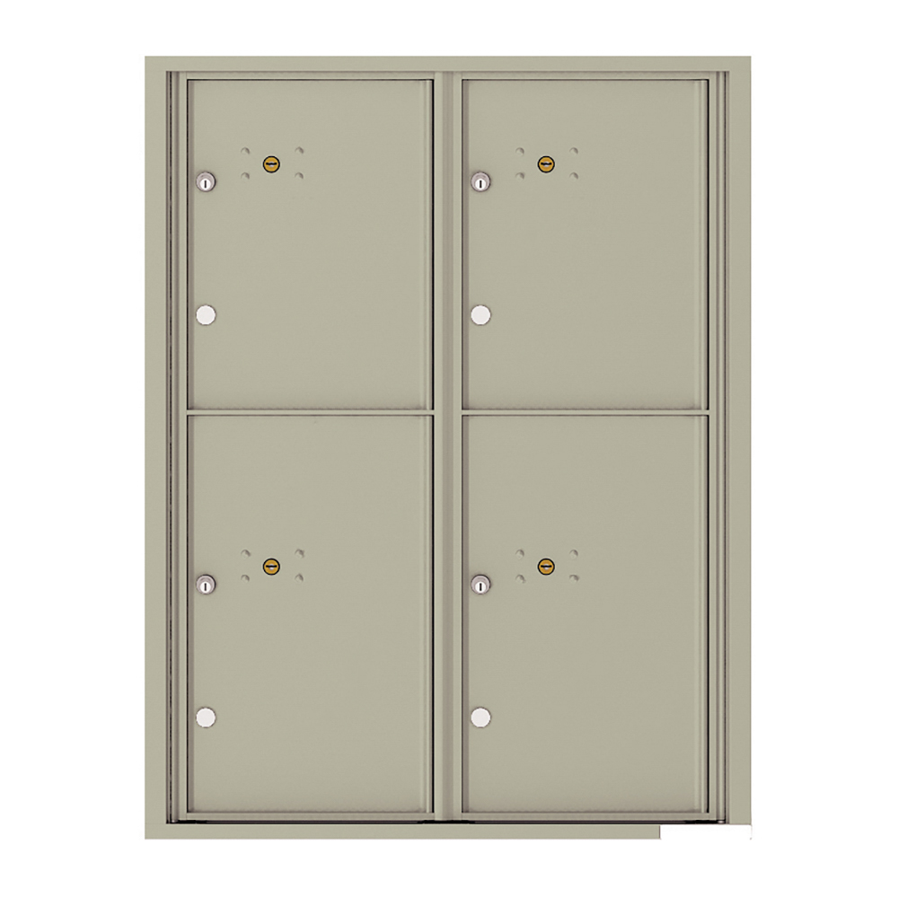 Four-door beige metal mailbox unit with keyholes and lock mechanisms.