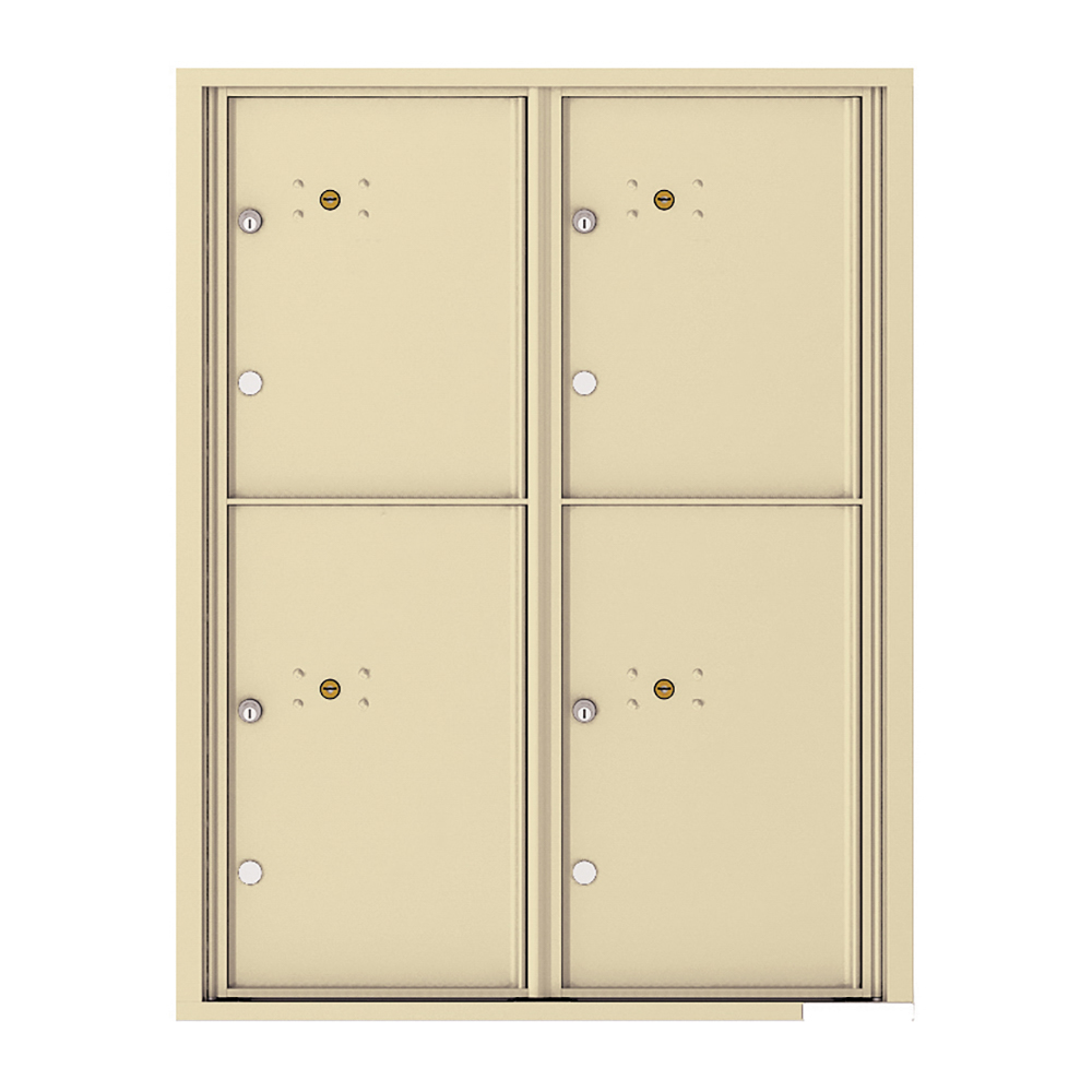Four beige metal mailbox compartments with keyholes and circular locks.