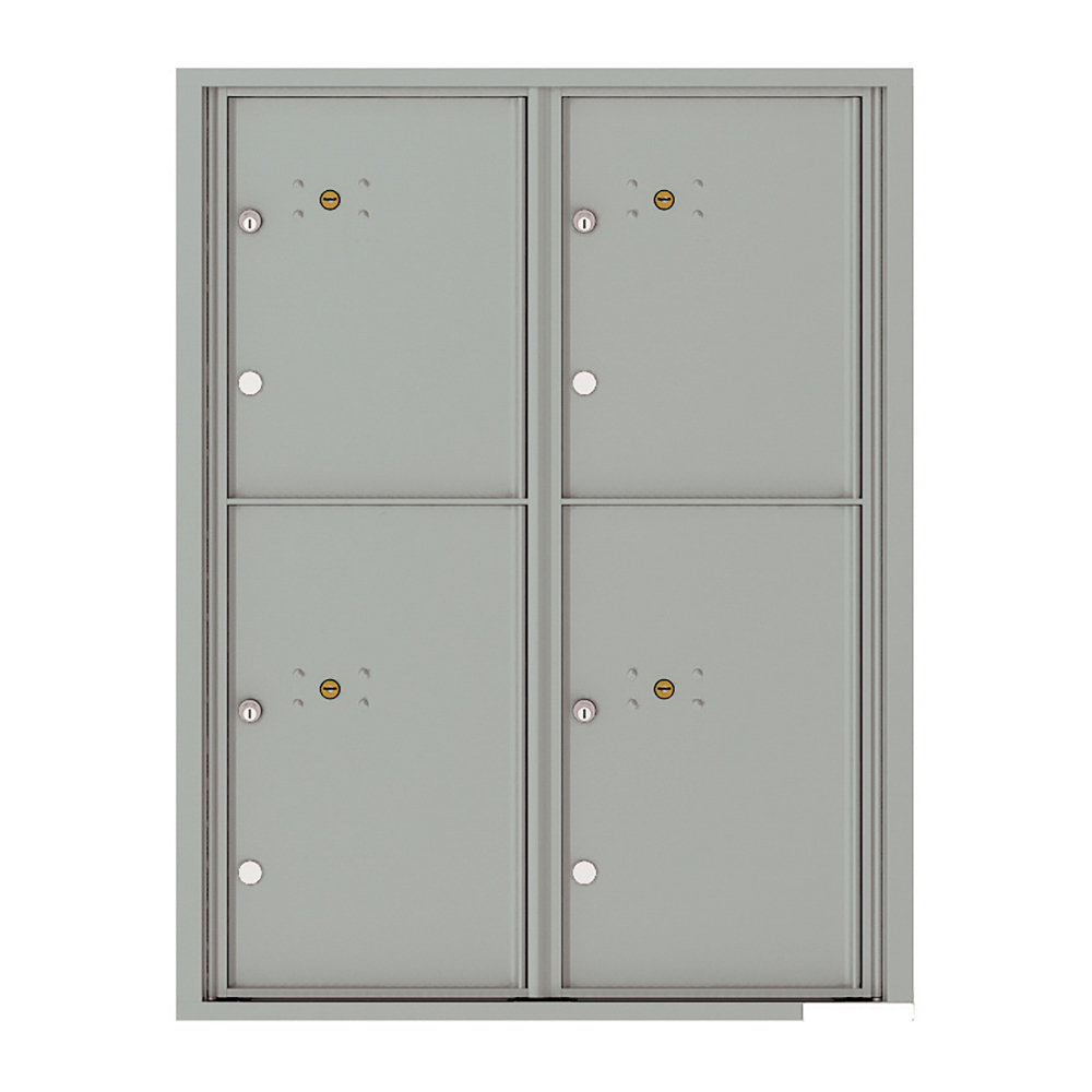 Gray metal four-door wall-mounted mailbox unit with locks and keyholes.
