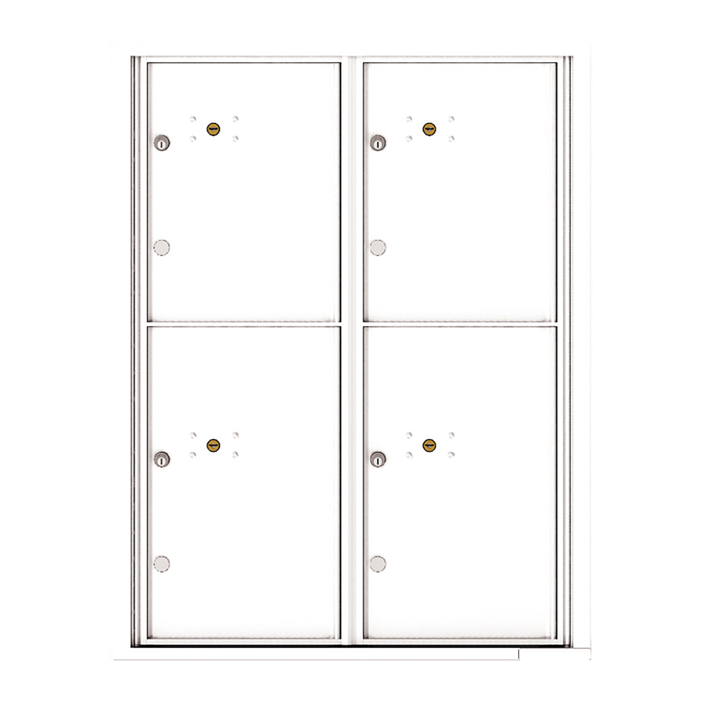 Four white metal mailbox doors with keyholes and locks in a grid layout.