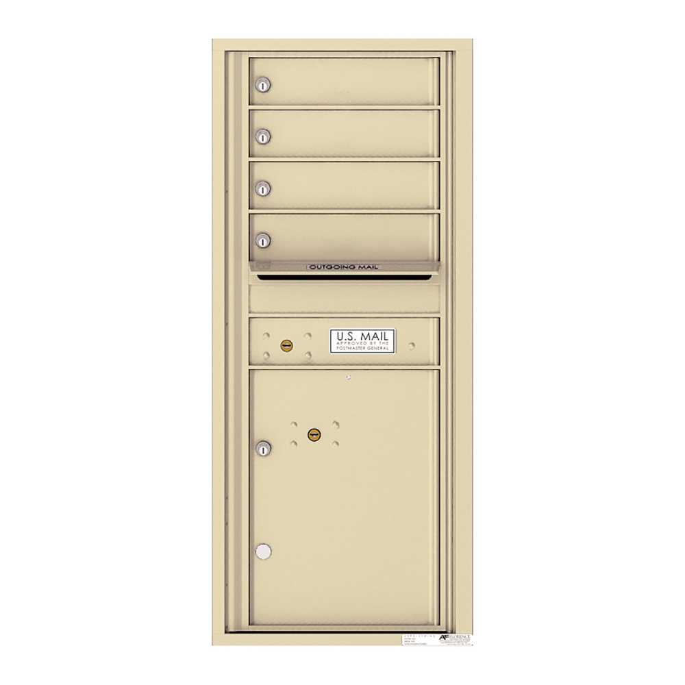 Beige multi-unit mailbox with five compartments and an outgoing mail slot.