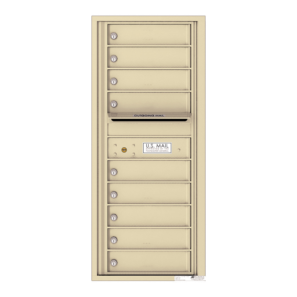 Beige multi-unit mailbox with outgoing mail slot and U.S. Mail label.