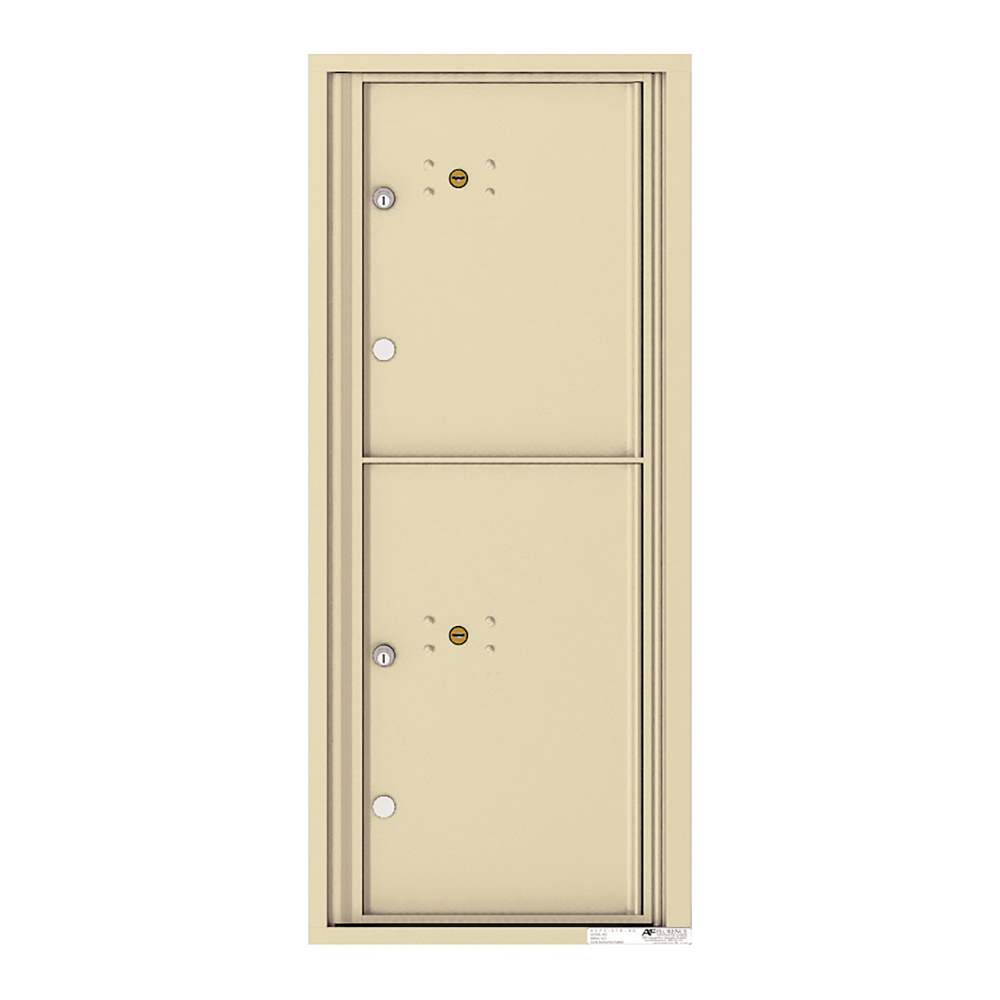 Beige vertical mailbox with two compartments and keyholes.