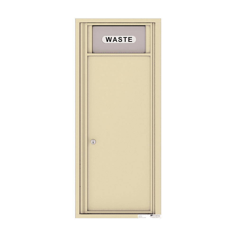 Beige wall-mounted waste disposal unit with lockable door and "Waste" label.