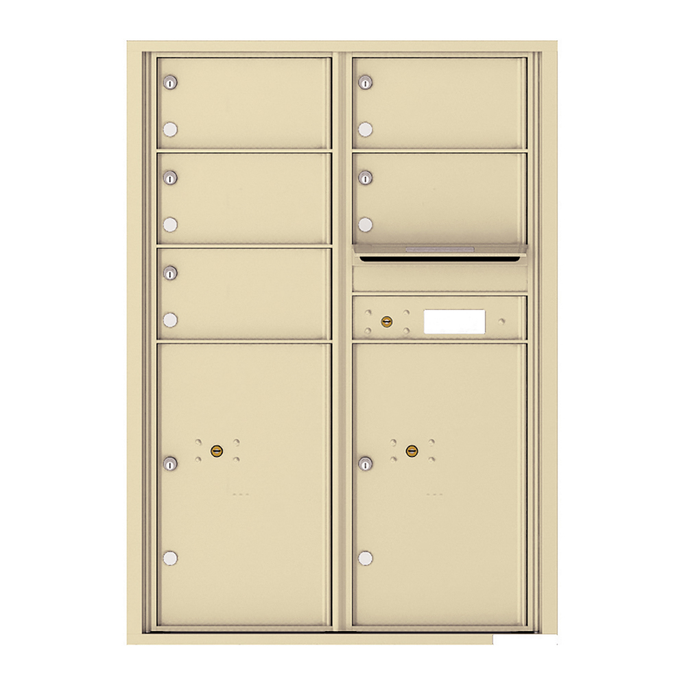 Beige multi-unit mailbox with six compartments and a mail slot.