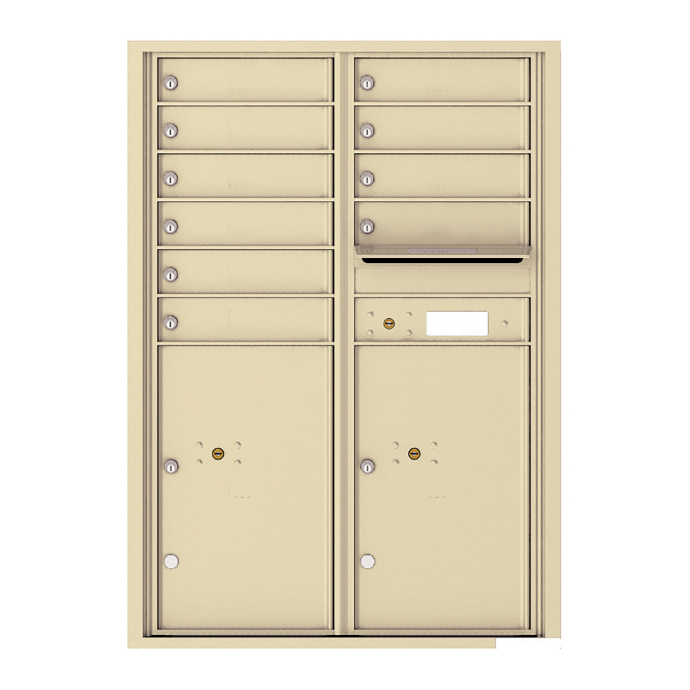 Beige wall-mounted multi-unit mailbox with individual lockable compartments.
