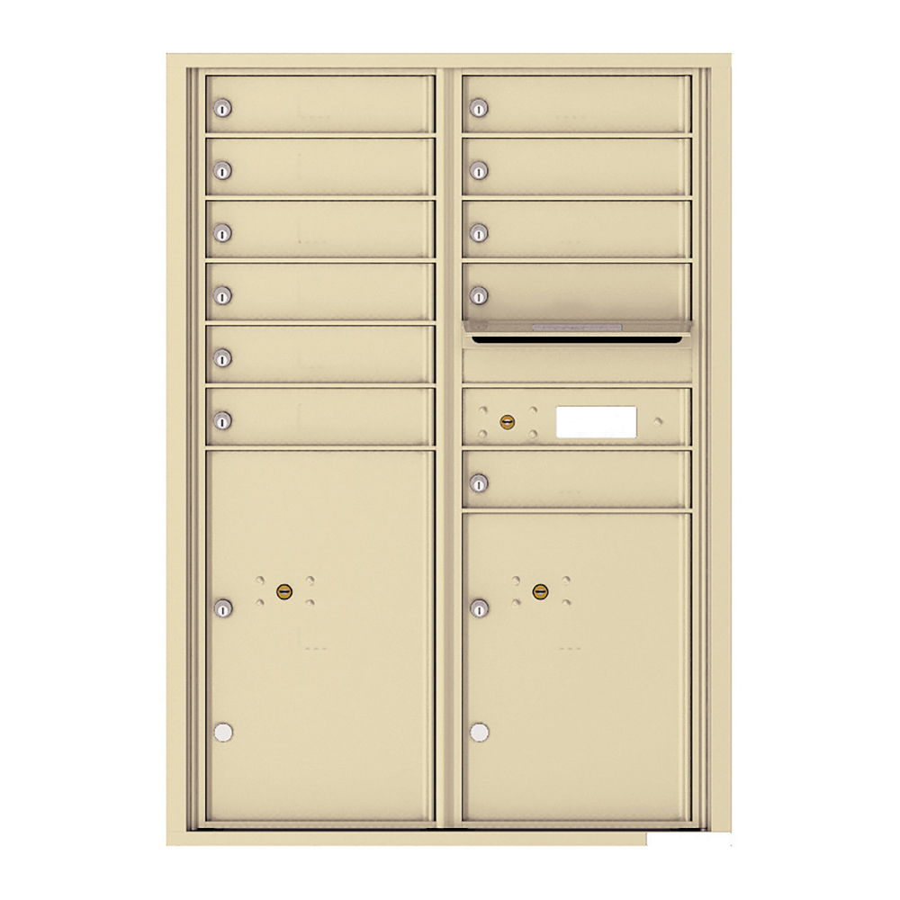 Beige wall-mounted multi-unit mailbox with multiple compartments and locks.