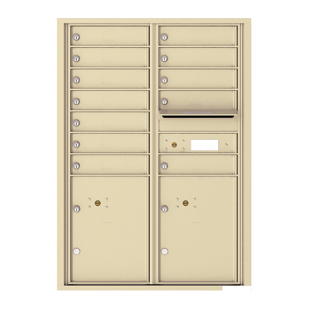 Beige multi-unit mailbox with multiple compartments and locks.
