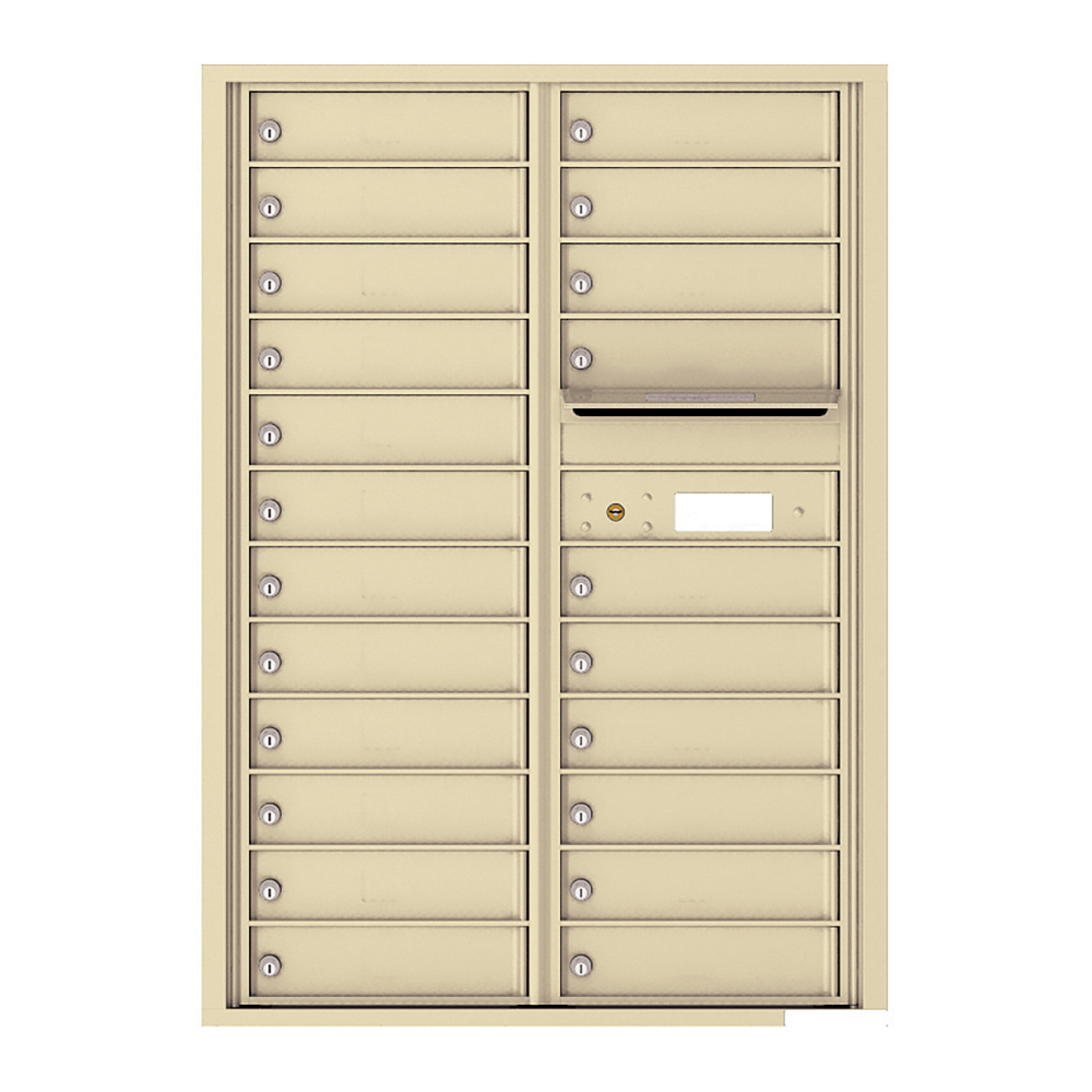 Beige multi-unit mailbox with individual locked compartments and a mail slot.