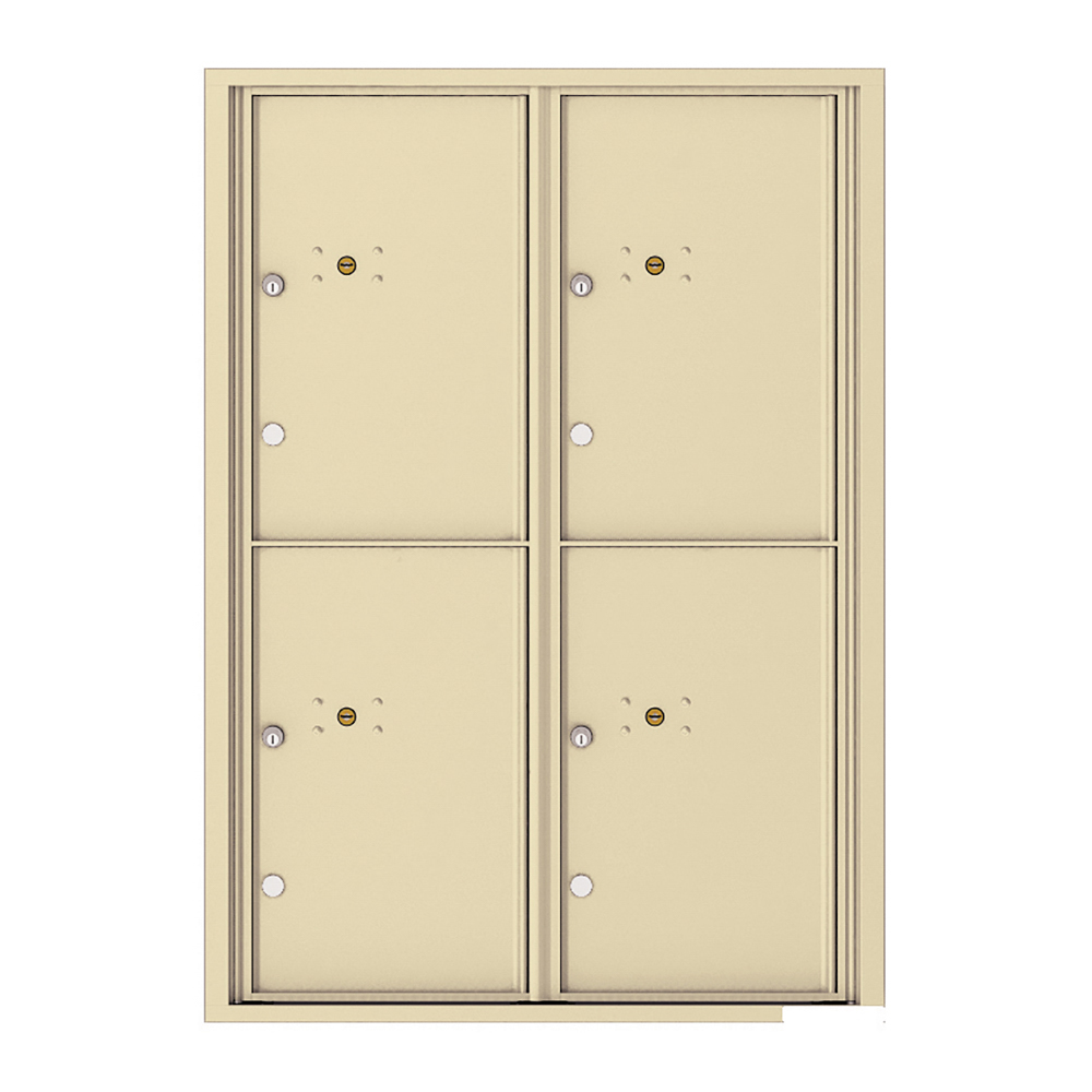 Four beige metal mailbox compartments with keyholes and lock mechanisms.