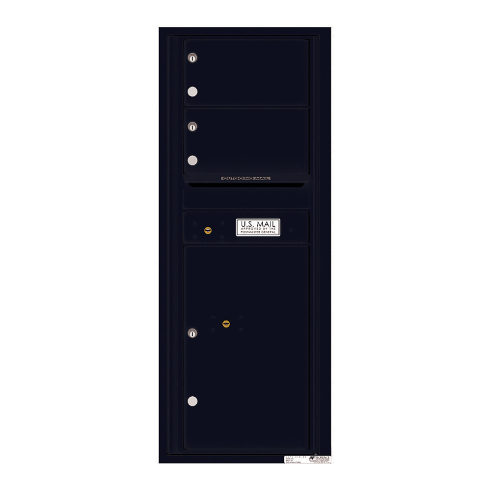 Black multi-unit U.S. Mailbox with three compartments and postal label.