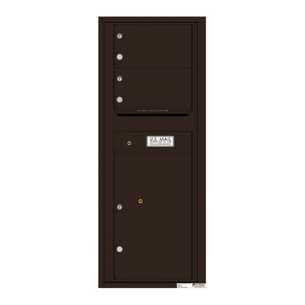 Dark brown vertical mailbox with multiple compartments and a U.S. Mail label.