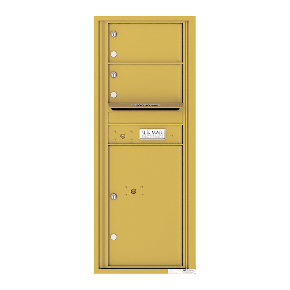 Gold vertical mailbox with multiple compartments and U.S. Mail label.