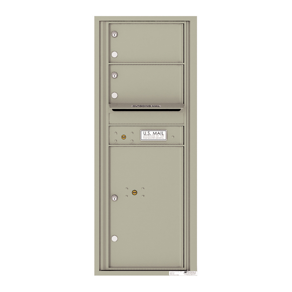 Beige wall-mounted USPS mailbox with multiple compartments and locks.