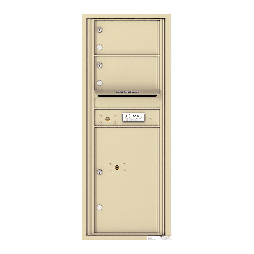 Beige wall-mounted U.S. Mailbox with multiple compartments and outgoing mail slot.